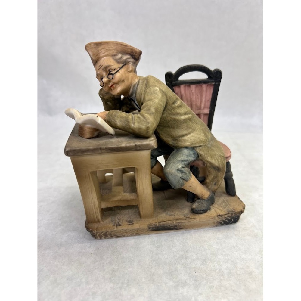 Vintage Porcelain Scholar Figurine Man Reading at Desk E-9256 Matte Hand Painted